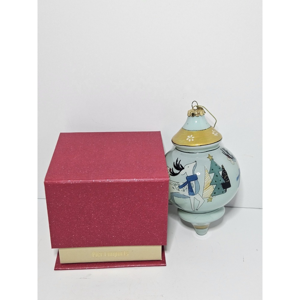Pier 1 Li Bien Reindeer Christmas Ornament Teardrop Glass Finial Deer Blue Gold
